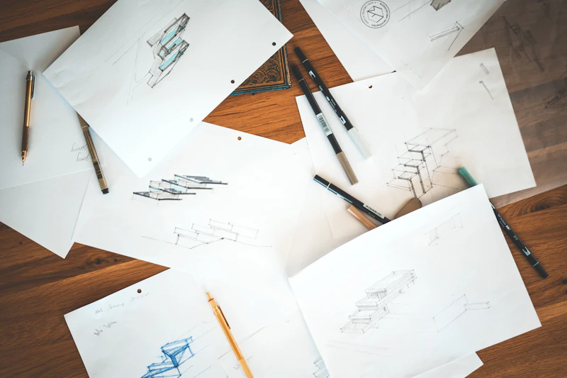Architectural sketches on a wooden table