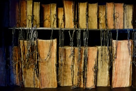 A row of old, leather-bound books is lined up on shelves, secured by metal chains. The books have worn pages and weathered spines, suggesting they are antiquarian or rare editions.