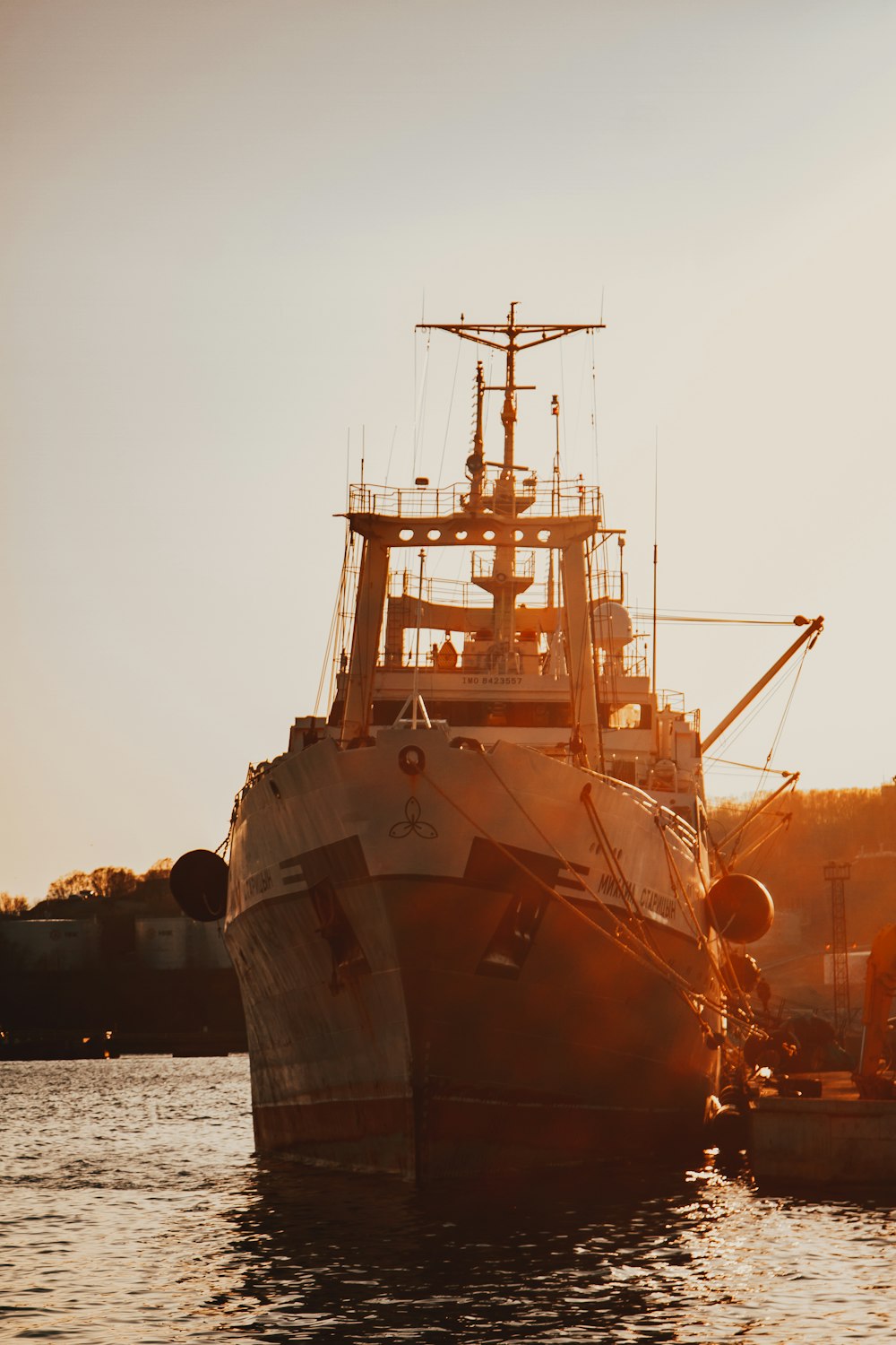 Navio de cruzeiro no corpo de água durante a hora dourada