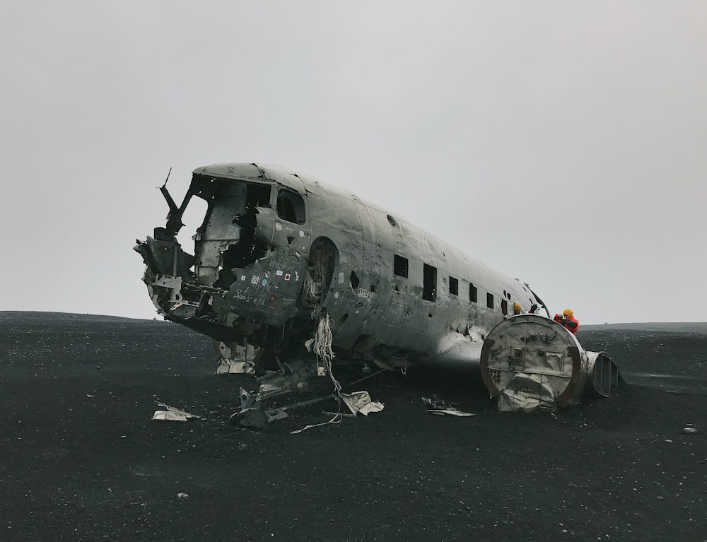 wrecked airplane on shore