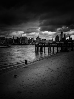 A moody black-and-white still from a music video showing a silhouette against a city skyline at dusk.
