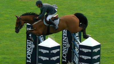 A horseback rider dressed in equestrian attire is leaping over a series of barriers labeled with 'LONGINES' in a grassy field. The horse is mid-air, demonstrating athleticism and agility as it clears the high jump with ease.