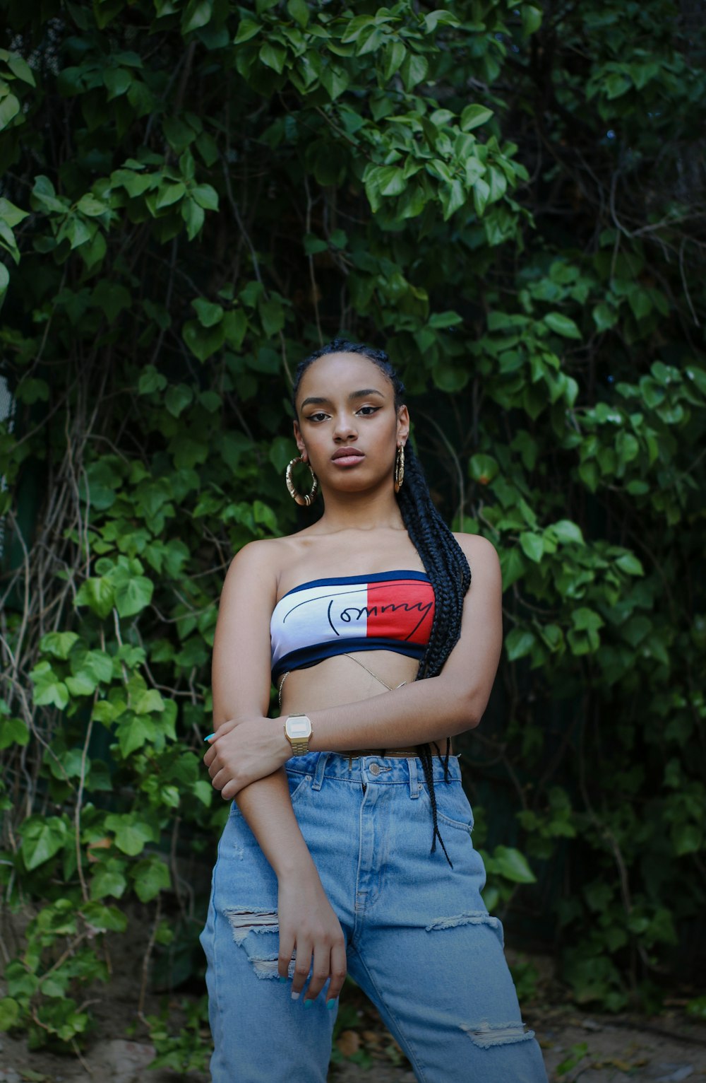 woman wearing red and white crop top