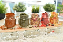 An elegant arrangement of gourmet spice jars.