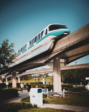 A blue and white passenger train