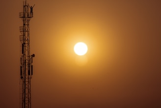 Technician working confidently on a network tower at sunset, symbolizing strength and expertise.
