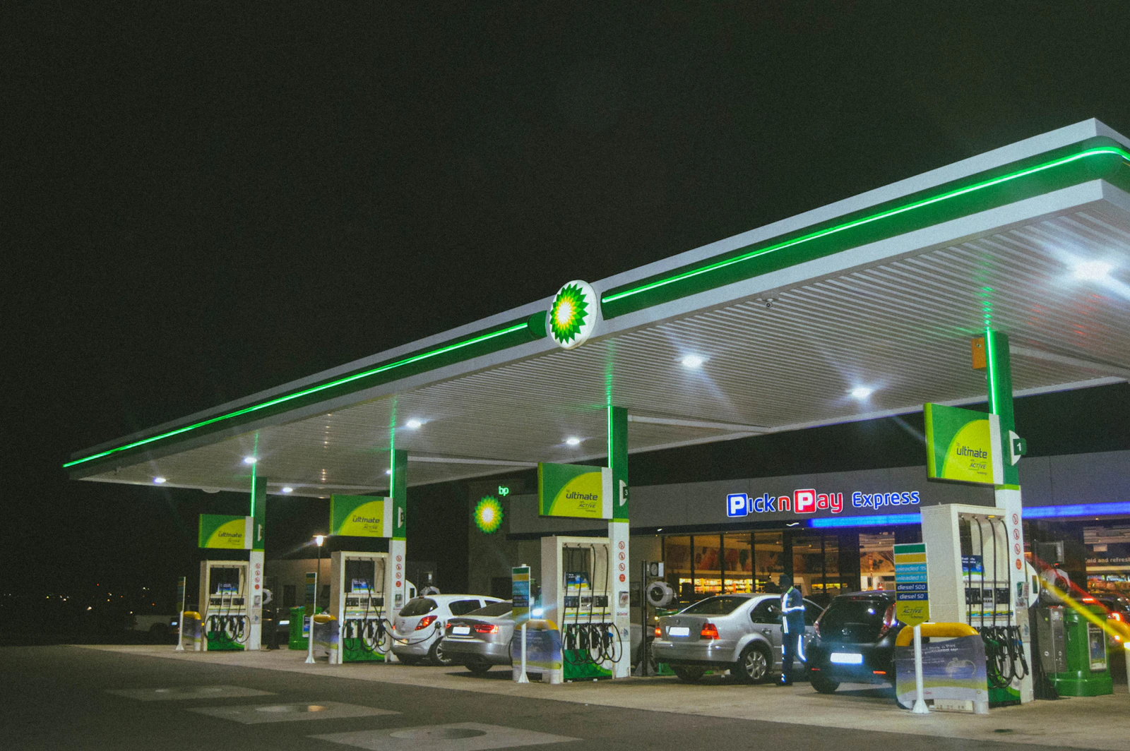 Cars at a petrol-station forecourt