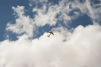 An airplane soaring above the clouds with cargo containers visible beneath.