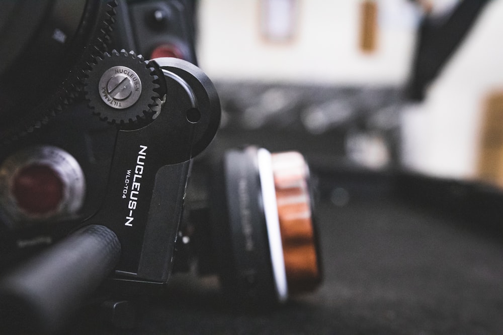 a close up of a camera on a table