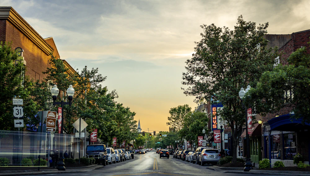 Historic Main Street in downtown Franklin, Tennessee at dusk