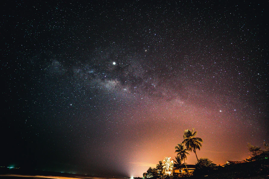 黑暗熱帶海灘上方的星空