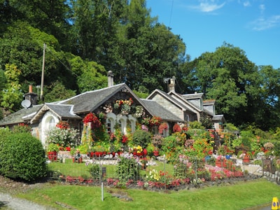 A charming cottage with a flower garden.