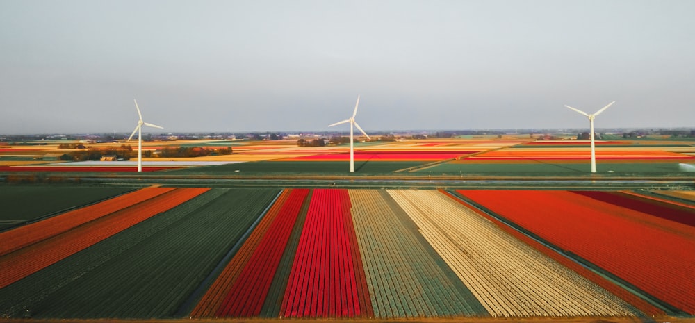 Fotografia ad alto angolo di tre mulini a vento