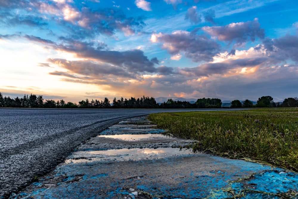 green grass and concrete road