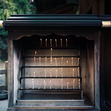 A peaceful shrine with traditional astrological charts and candles glowing softly.