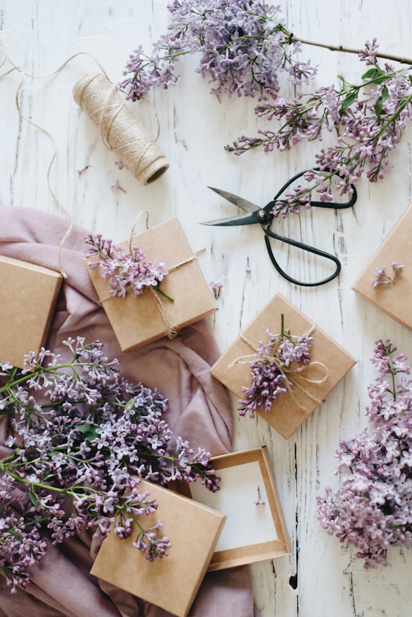 Assortment of wrapped gift packages with natural twine
