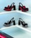 A close-up of stylish women's shoes displayed on a wooden shelf.