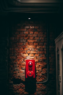 A dimly lit brick wall features a prominently placed red fire alarm fixture. The warm lighting and shadow play highlight the rustic texture of the bricks, while a spotlight overhead creates a focused ambiance.