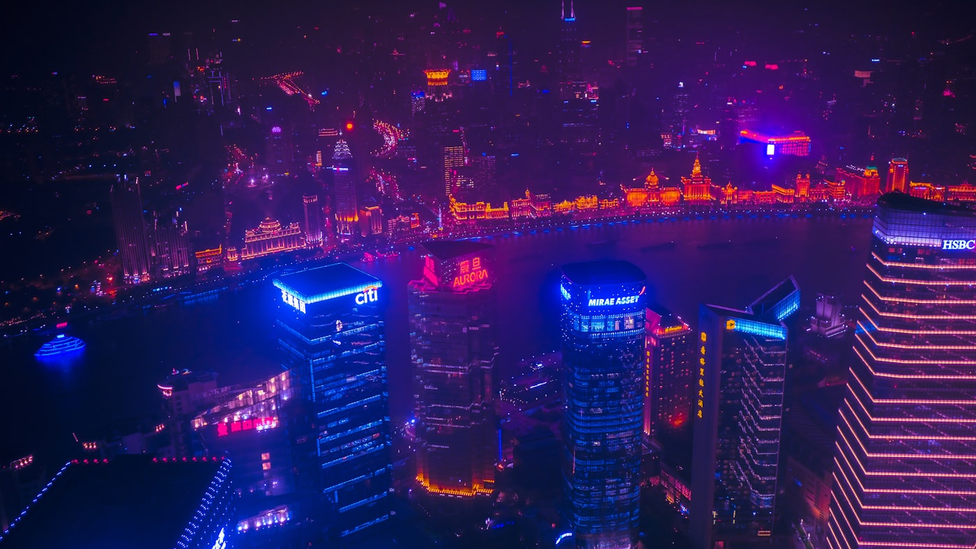 Shanghai aerial cyberpunk neon view
