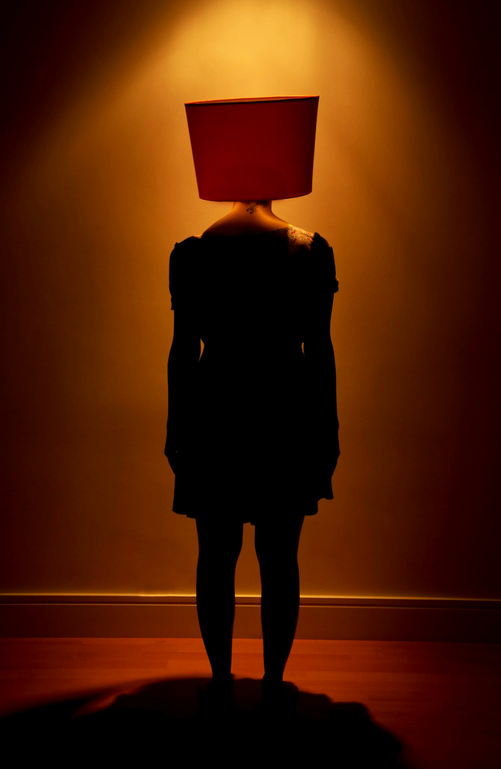 woman with lamp shade on head