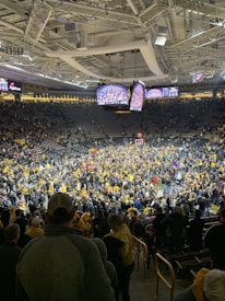 A lively crowd cheering in a basketball arena under bright lights.