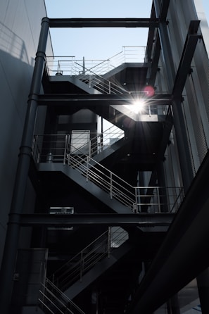 Wide shot of a custom metal staircase installed in a commercial building in Bradford.