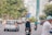 A busy urban street scene with several vehicles, including cars and motorcycles, moving through a green-lined avenue. Tall buildings and signage are visible in the background, as well as a few pedestrians wearing helmets and casual clothing. Traffic signs are placed above the road and a tree-lined sidewalk can be seen to the left.