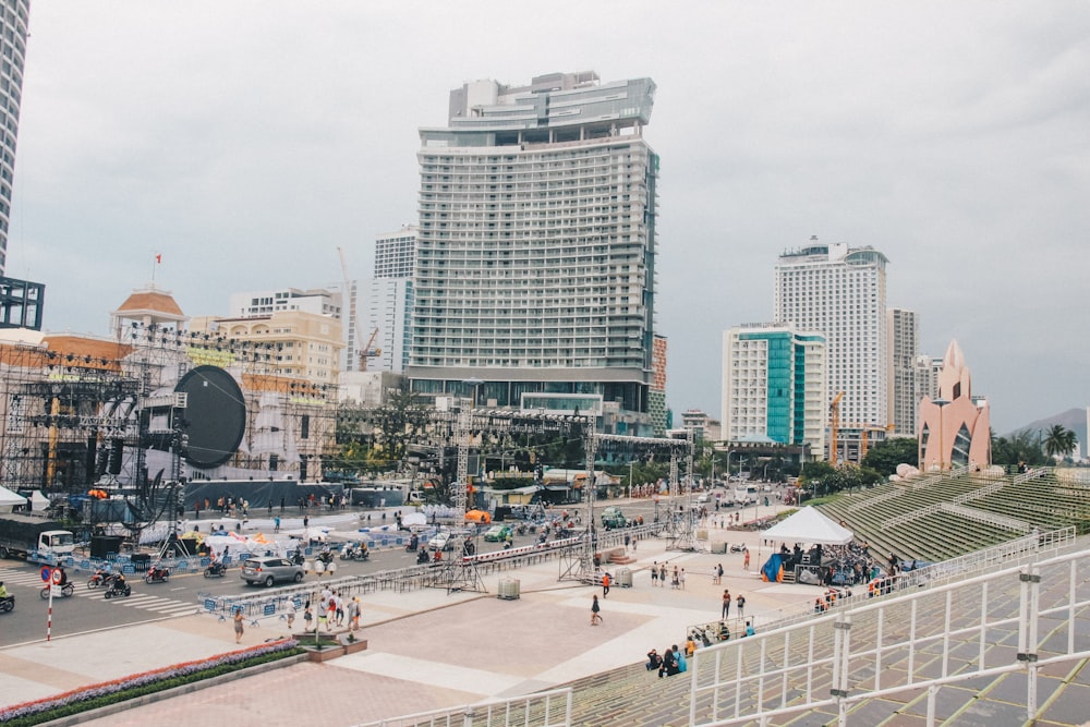 people at the street near buildings