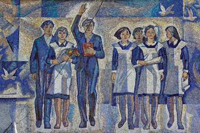 drawing of women and men mosaic-like teams background