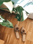 A pair of straw-like slippers with decorative pom-poms lies on a light wooden floor. Large green monstera leaves are partially visible in the top left corner, with sunlight streaming through and casting shadows.