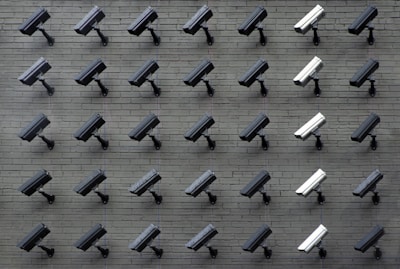 A grid pattern of surveillance cameras is mounted on a gray brick wall. Most of the cameras are black, with a few white ones interspersed, all angled uniformly to the left.