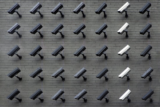 A grid pattern of surveillance cameras is mounted on a gray brick wall. Most of the cameras are black, with a few white ones interspersed, all angled uniformly to the left.