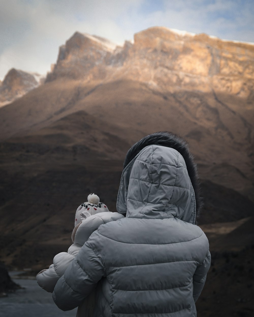 person in gray bubble coat facing gray mountain
