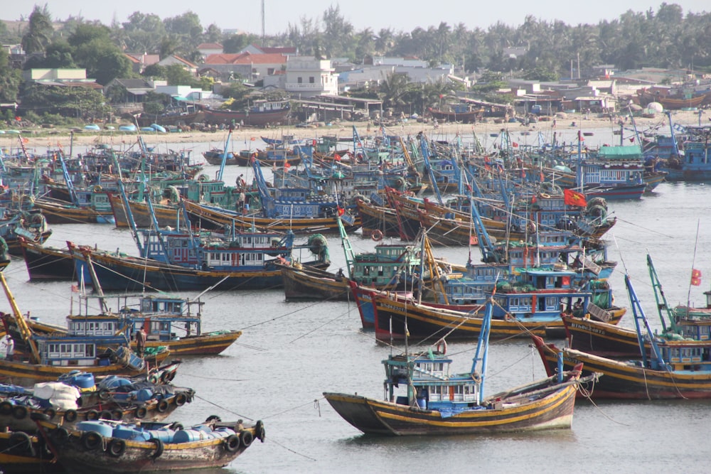 group of boats docked at the beach