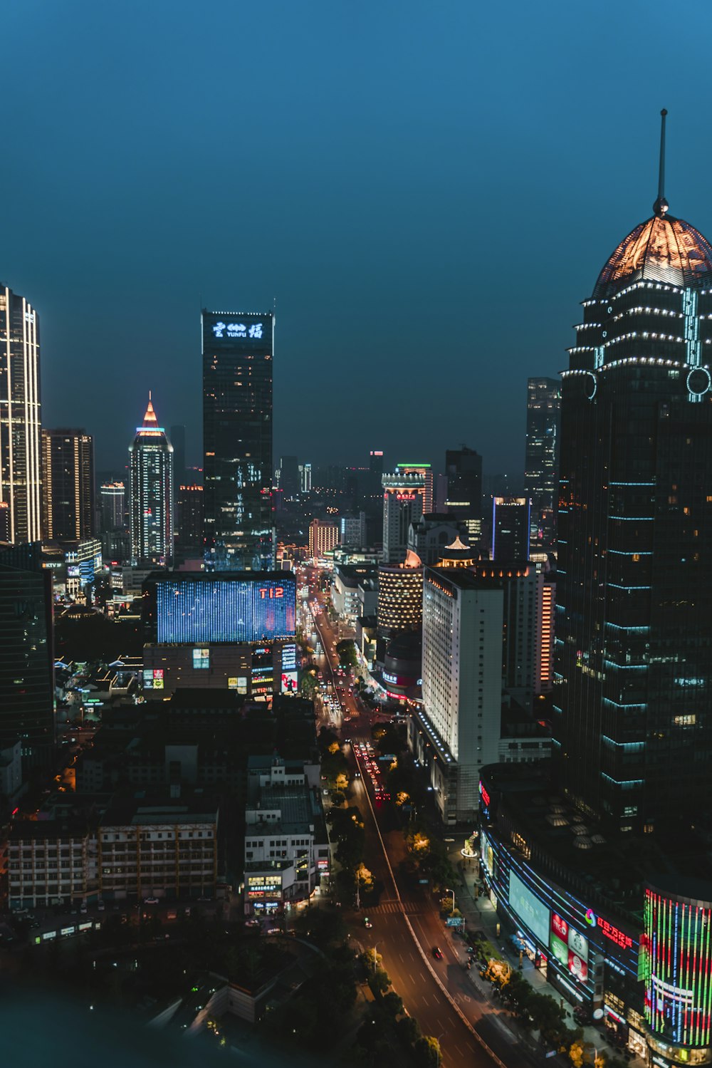 aerial view of city at night