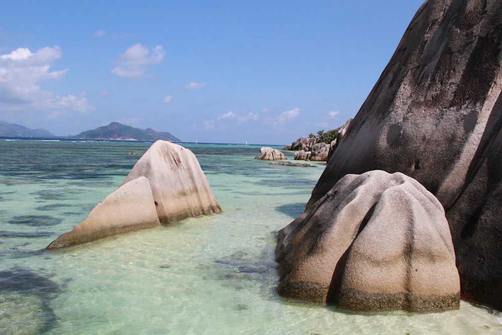 two gray rocks on seashore