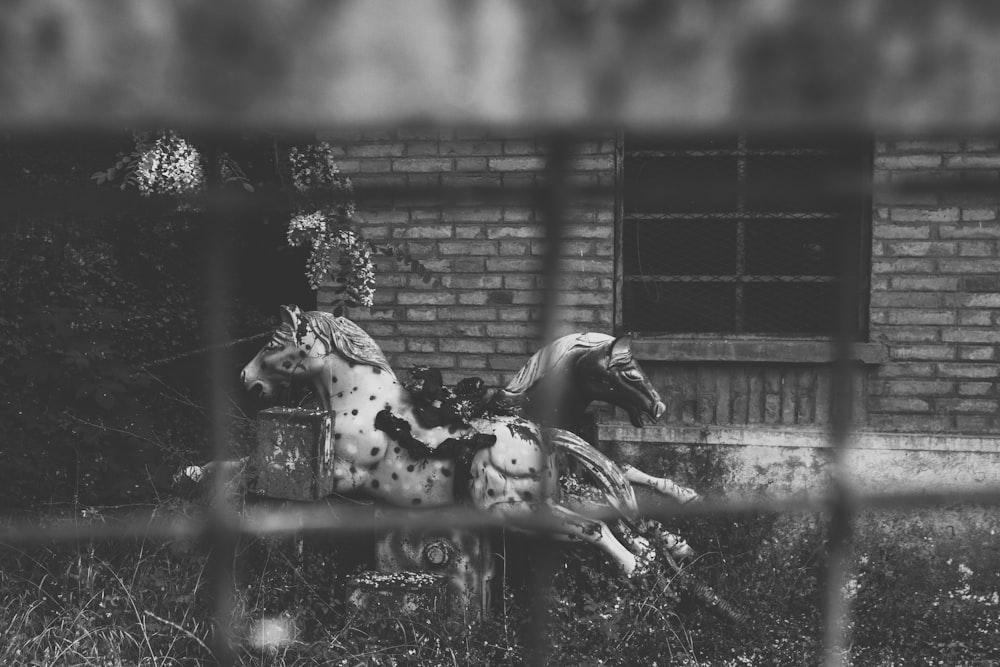 grayscale photography of two carousel horses outside a house