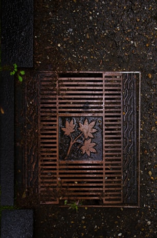 Detail of a custom-designed steel grate walkway allowing light and water to pass through, surrounded by moss and ferns.