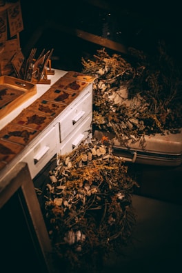 A dimly lit workspace features a white wooden cabinet adorned with vintage-style paper designs. On the cabinet top are various decorative dried plants and flowers, including some laid out in a wreath. The overall scene suggests a rustic, artistic setting with an emphasis on natural elements.