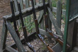 Close-up of a shotgun resting on a wooden fence with autumn leaves scattered around