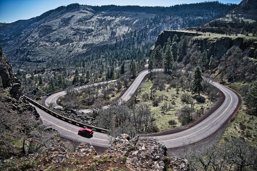 aerial photo of red car passing by trees during daytime