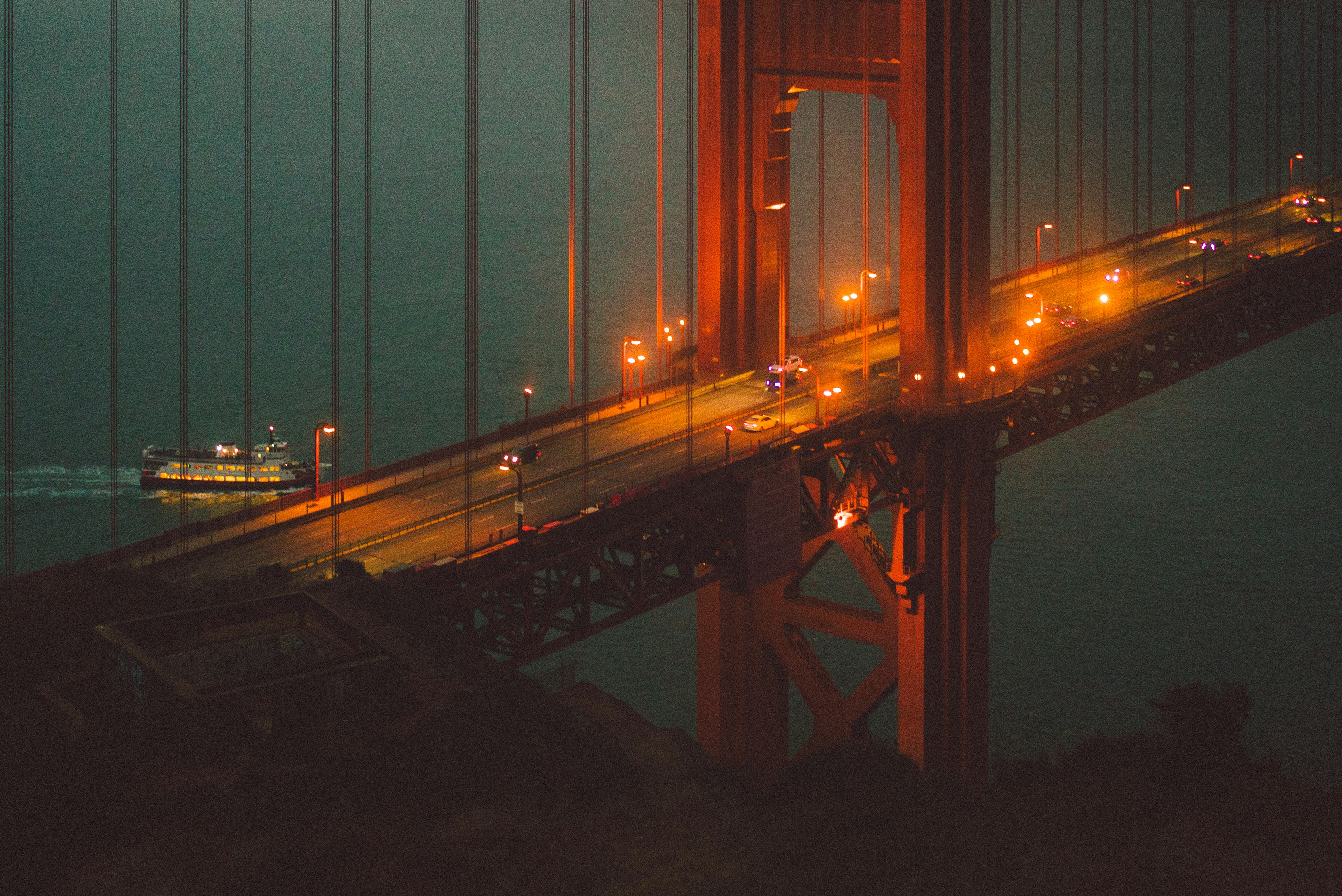 Moody Golden Gate Bridge shot at night.