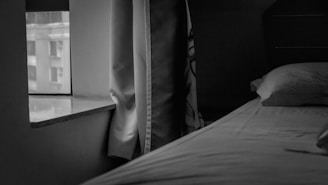 A cozy bedroom scene featuring a plush pillow on a neatly made bed.