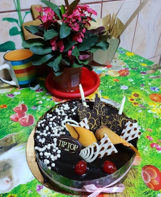 A vibrant chocolate cake is decorated with cherries and elaborate chocolate designs, sitting on a colorful floral tablecloth. Nearby, a potted plant with lush green leaves and pink flowers adds a touch of nature. A multicolored striped mug is also visible beside folded paper objects in the background.