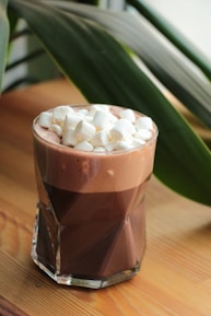 A glass filled with rich chocolate milk is topped with a generous amount of mini marshmallows. The drink sits on a wooden surface with a background of large, leafy green plants, adding a fresh and natural ambiance.
