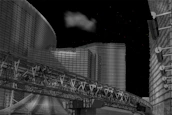 A futuristic cityscape at night with glowing digital grids overlaying the buildings.