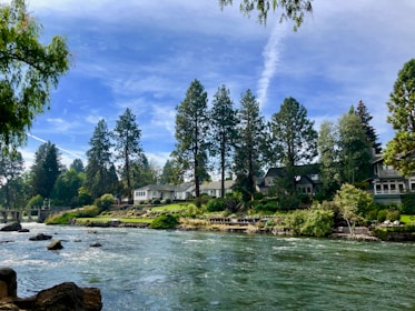 A peaceful river flowing gently beside a cluster of elegant, nature-inspired homes.