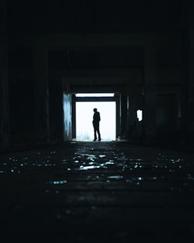 A silhouette of a person stands in a dark and abandoned building. The dimly lit corridor creates a mysterious and eerie atmosphere. Light spills in from an open doorway in the background, contrasting with the dark interior.