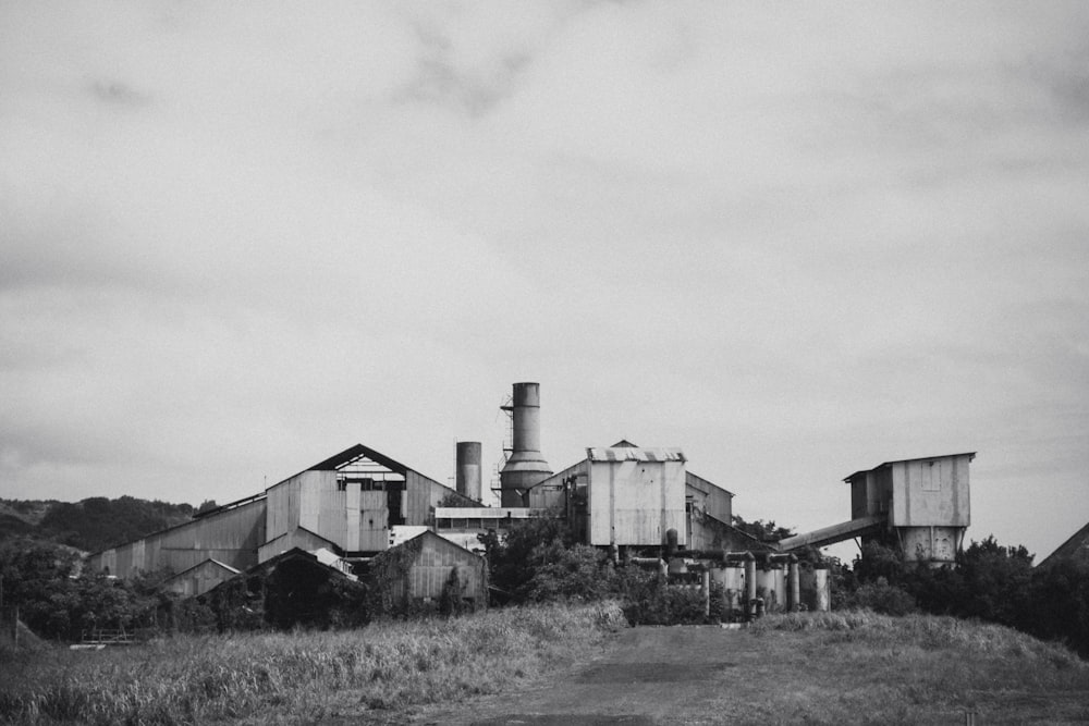 Photo en niveaux de gris de maisons et de champs