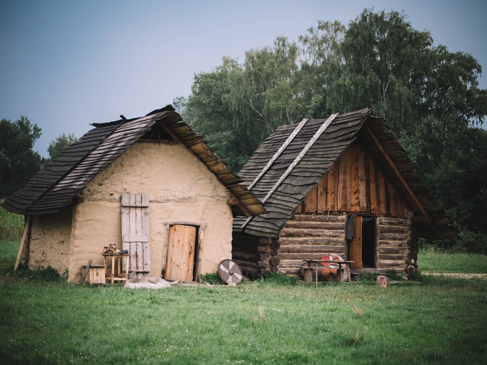 Dos casas marrones cerca de los árboles